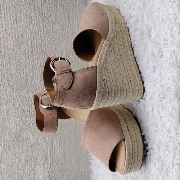 NINE West Adell Pink Faux Suede Open Toe Ankle Strap Platform Wedge Espadrilles - Picture 16 of 16